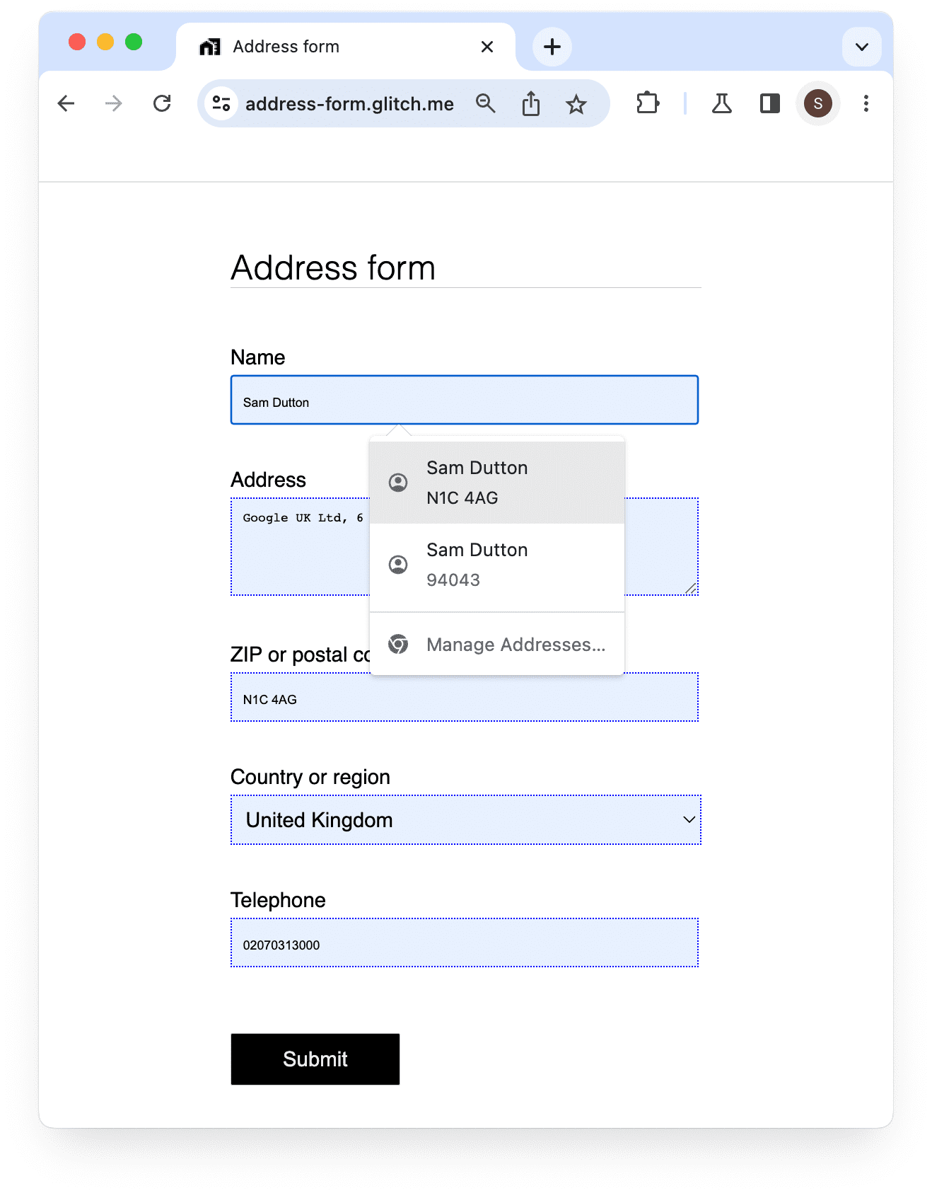 Chrome offering to autofill an address form on desktop