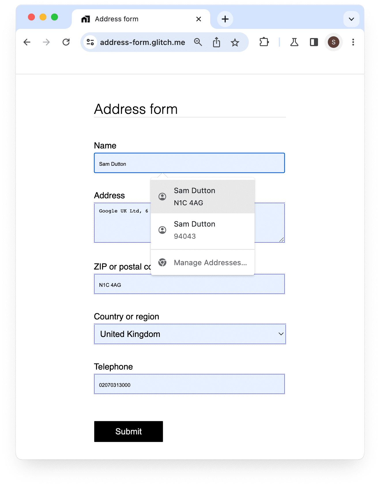 Chrome ofrece autocompletar un formulario de dirección en computadoras