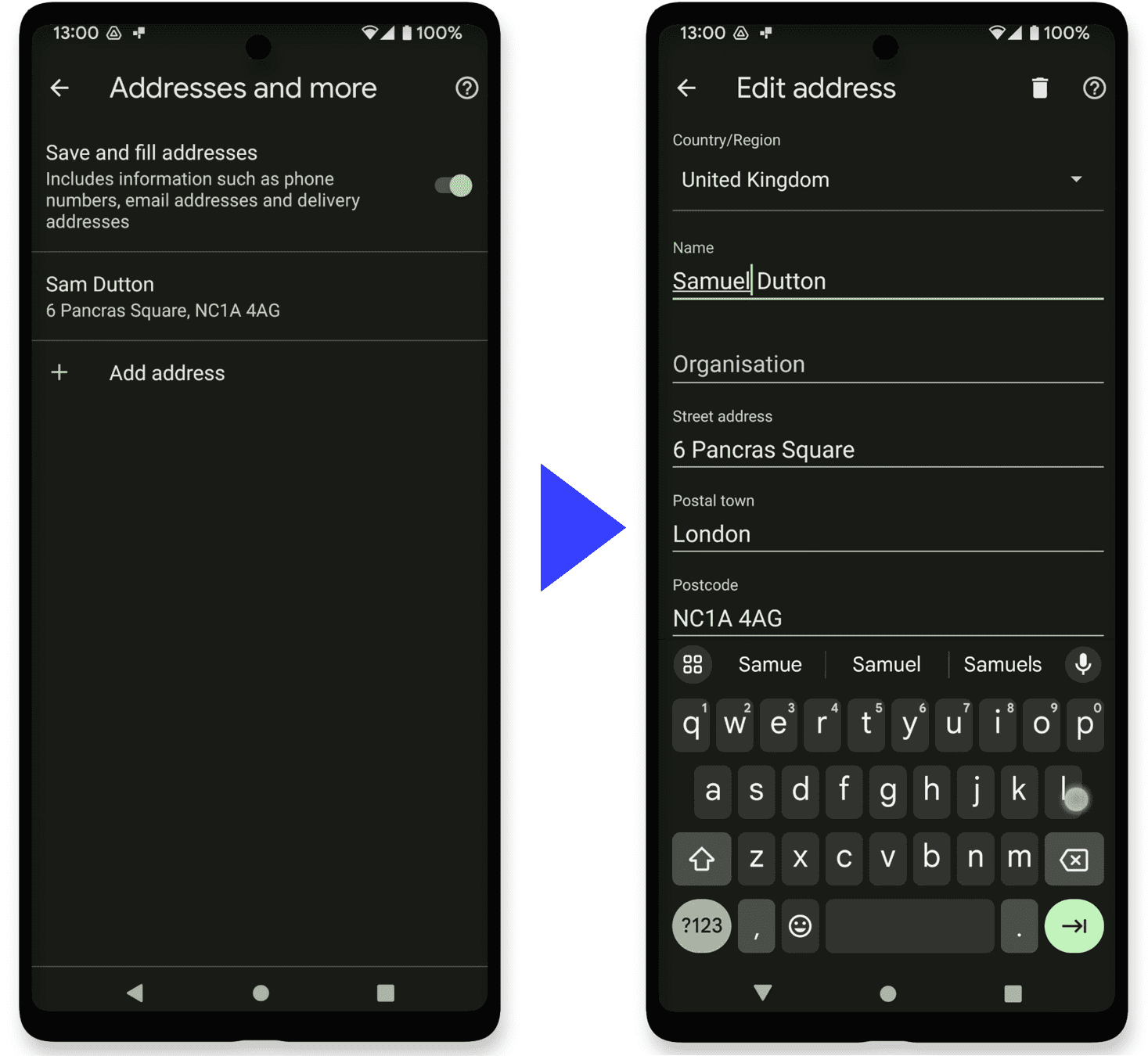 Configuración de Chrome en Android: edición de una dirección