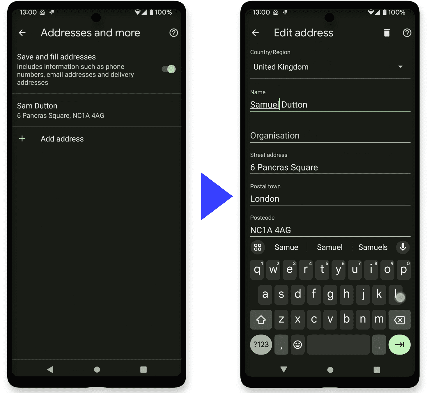 Setelan Chrome di
Android: mengedit alamat