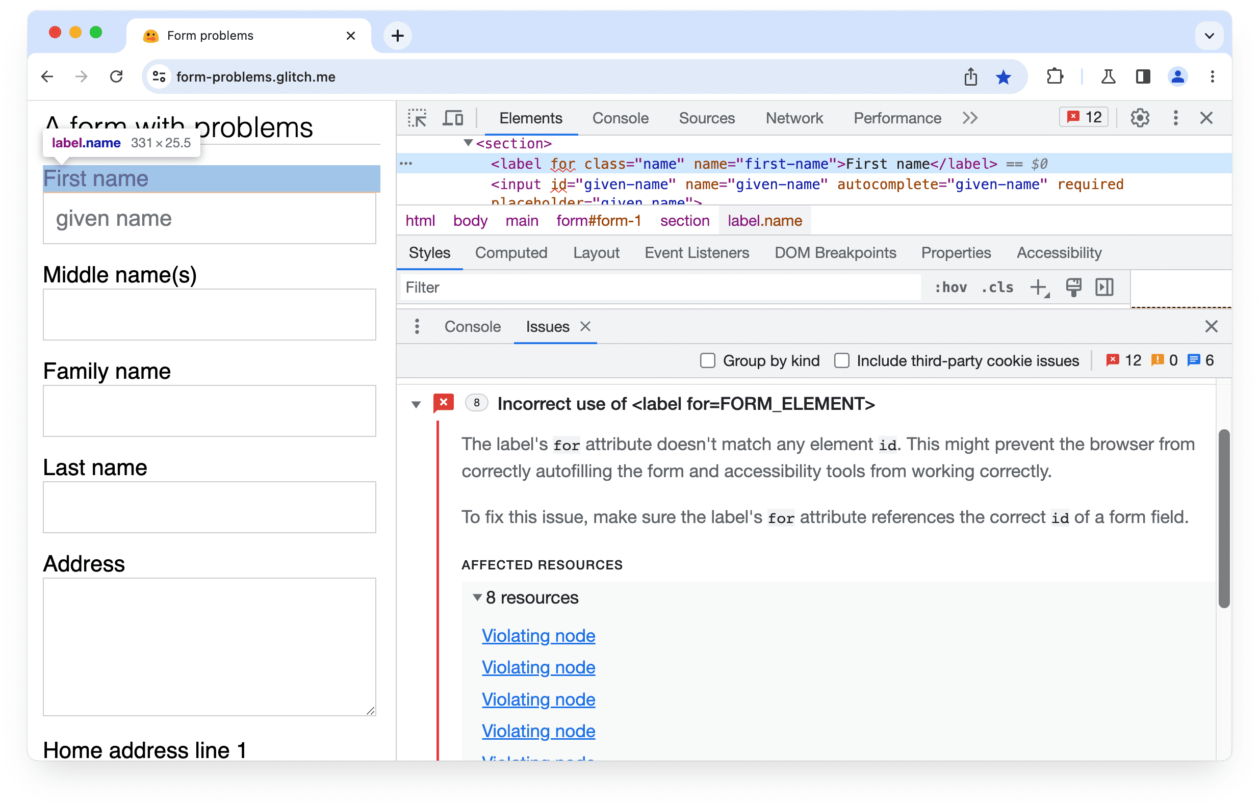 Se amplió el problema en las Herramientas para desarrolladores de Chrome: Uso incorrecto de la etiqueta para el atributo.