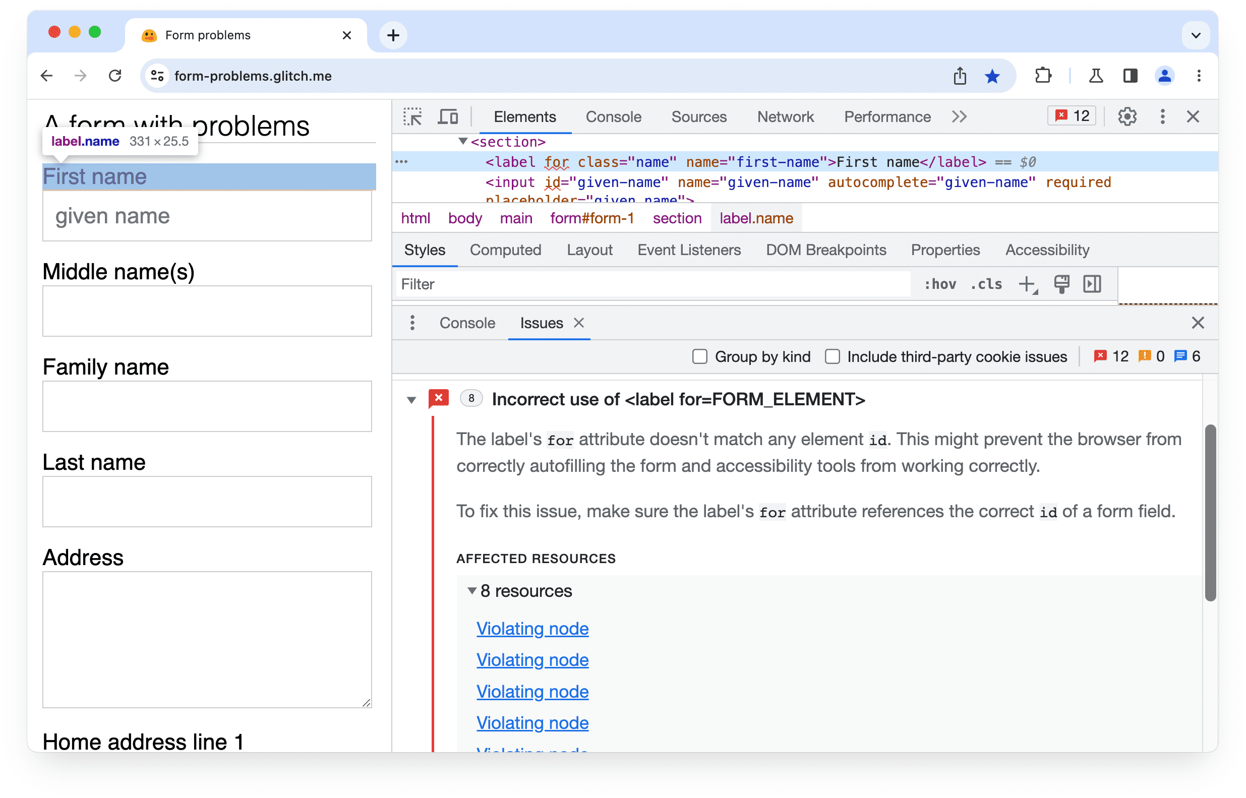 Problema expandido en las Herramientas para desarrolladores de Chrome: Uso incorrecto de la etiqueta para el atributo