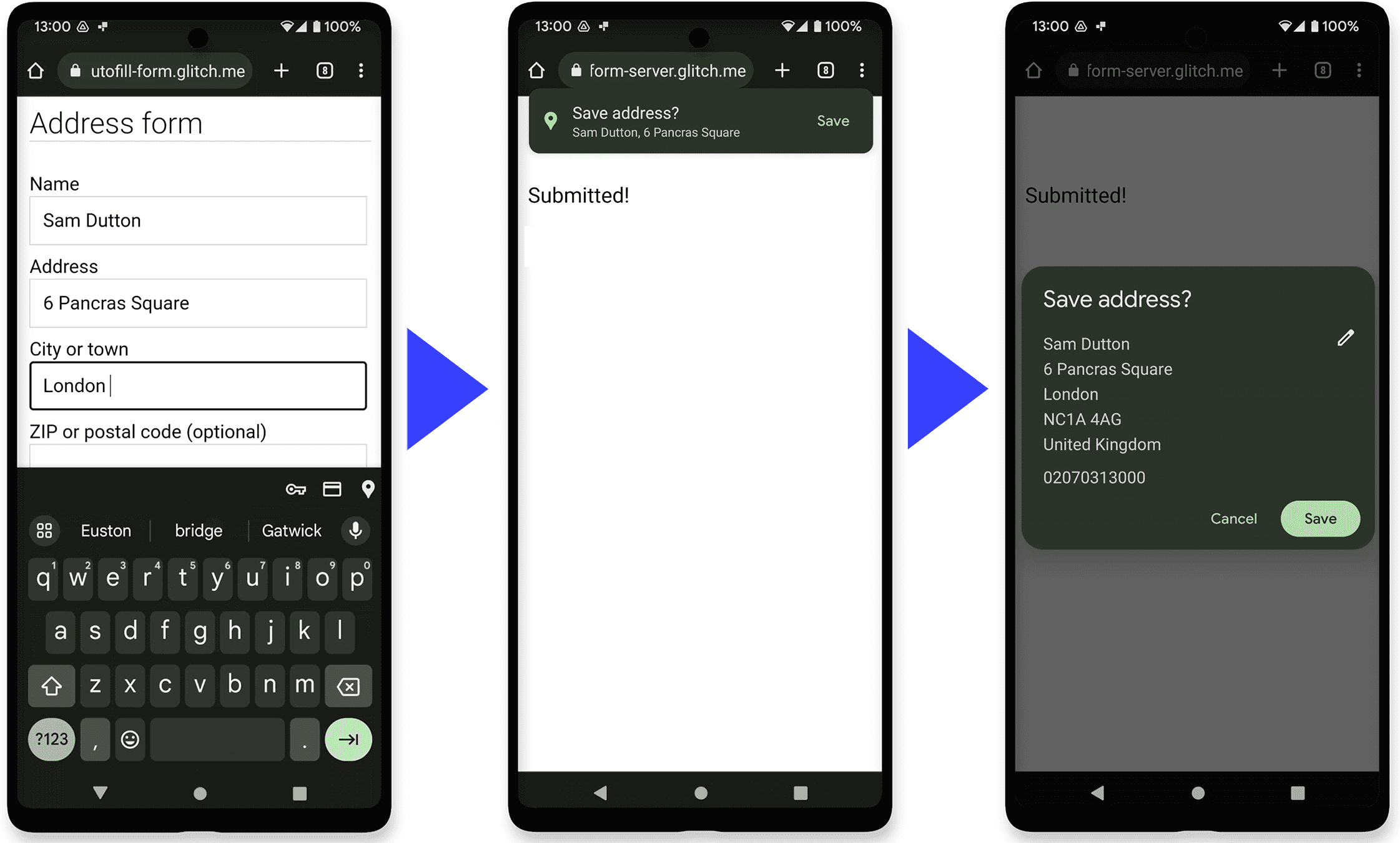 Drei Android-Screenshots: ein Adressformular in Chrome, Chrome Autofill bietet an, die Adresse zu speichern, und zeigt dann ein Dialogfeld zum Bearbeiten des neuen Autofill-Eintrags an.