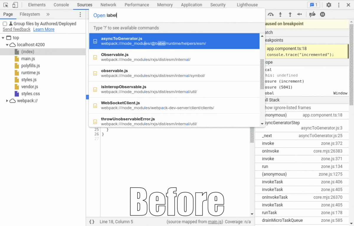 Um GIF animado mostrando o DevTools antes e depois. Observe como, na imagem depois, as Ferramentas do desenvolvedor mostram o código criado pelo autor na árvore, não sugerem mais nenhum dos arquivos do framework no menu "Abrir rapidamente" e mostram um stack trace muito mais limpo à direita.