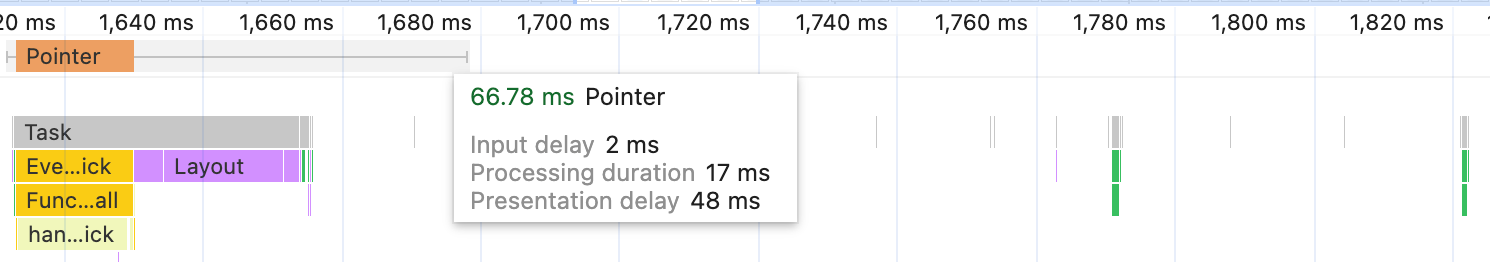 O perfil de uma interação de clique em uma máquina de mesa, mostrado no painel "Performance", com duração de 67 milissegundos