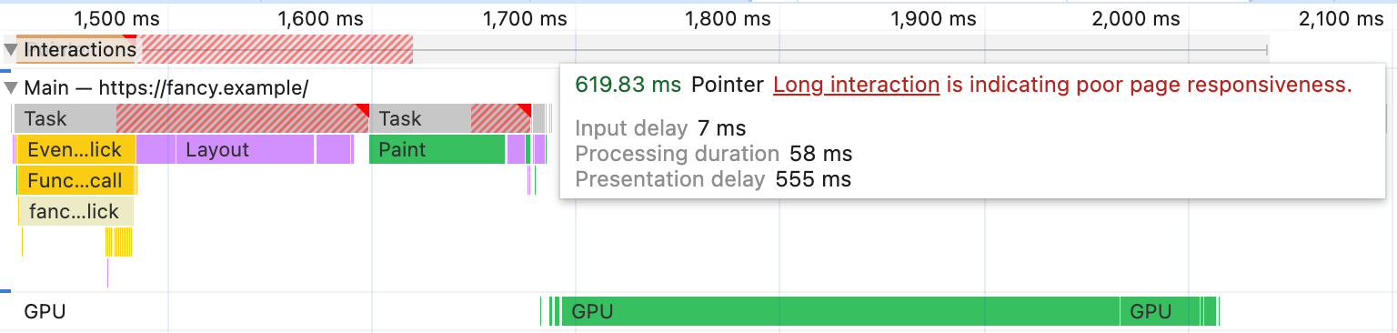 Profil interaksi klik di ponsel sungguhan, yang ditampilkan di panel Performa, memerlukan waktu 620 milidetik. Entri Paint yang sangat mirip ditampilkan sebagai trace yang di-throttle, tetapi interaksi ini didominasi oleh entri GPU yang menghabiskan setengah terakhir interaksi
