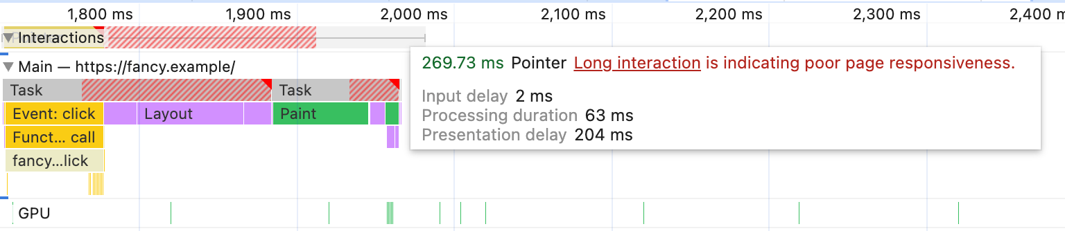 El perfil de una interacción de clic en una computadora de escritorio con la limitación de la CPU habilitada, que se muestra en el panel Rendimiento, tarda 270 milisegundos. El último tercio de la tarea está ocupado por una entrada de Paint.