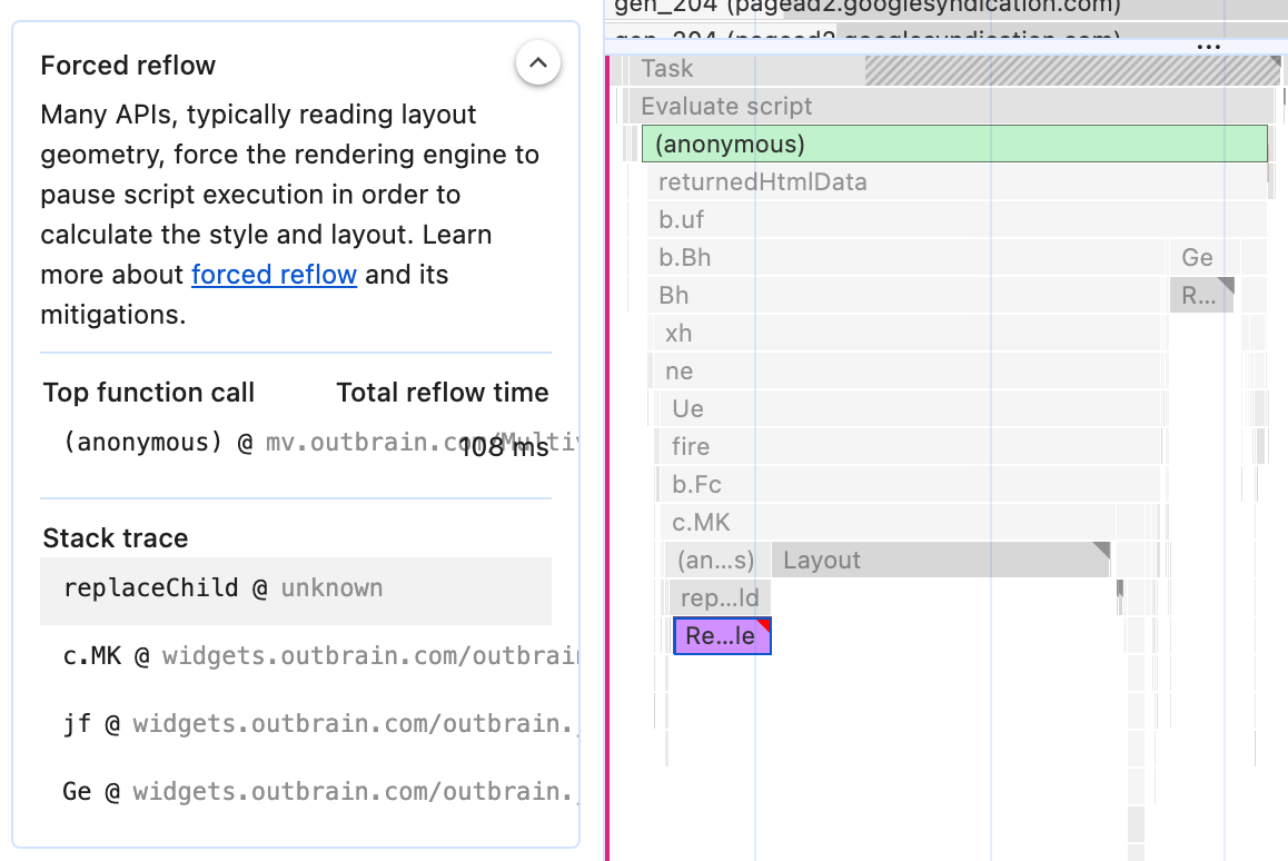 L&#39;insight Riflusso forzato, che mostra lo stack di chiamate che ha portato al riflusso forzato e l&#39;evento di traccia del layout evidenziato nella sequenza temporale del rendimento
