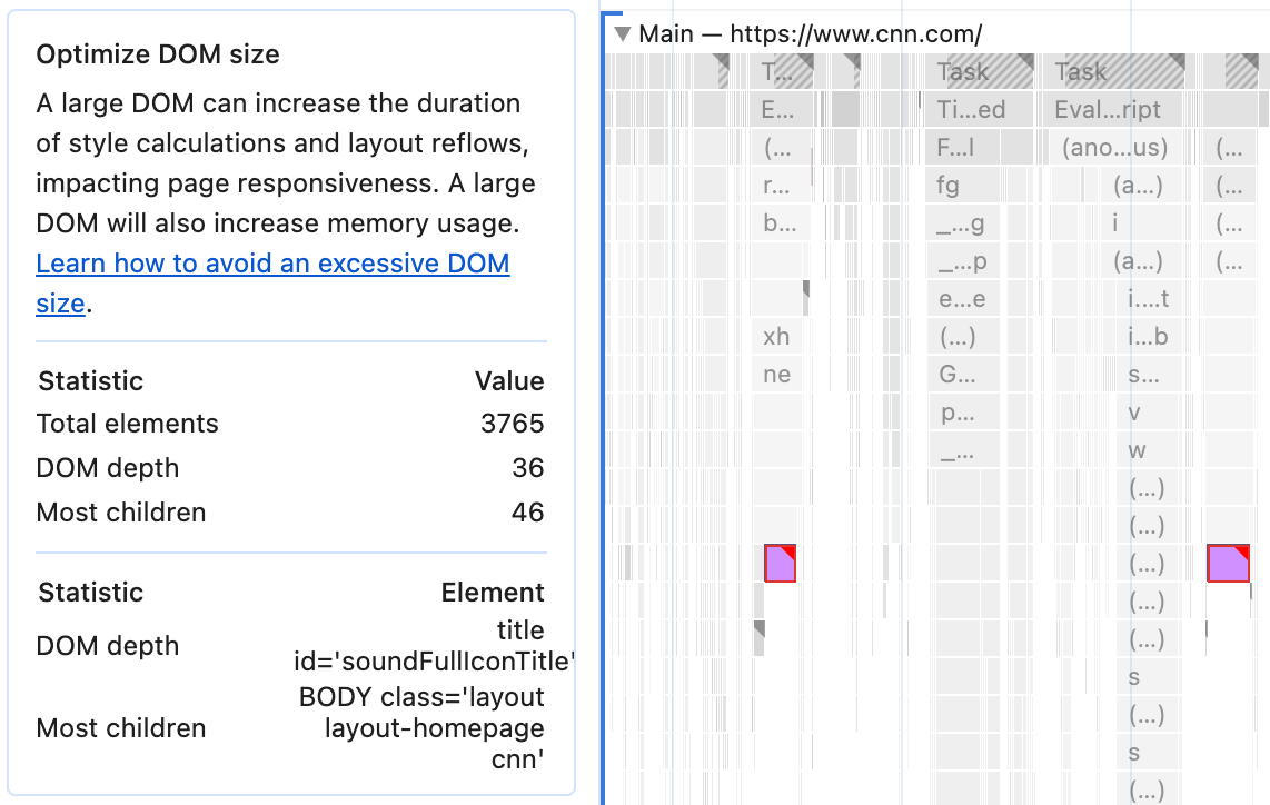 The Optimize DOM size insight, with highlighted trace events that were likely made worse by the large DOM size