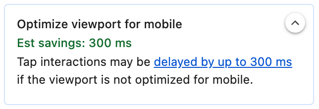 La estadística Optimize viewport for mobile cuando la página de prueba no tiene un viewport optimizado para dispositivos móviles