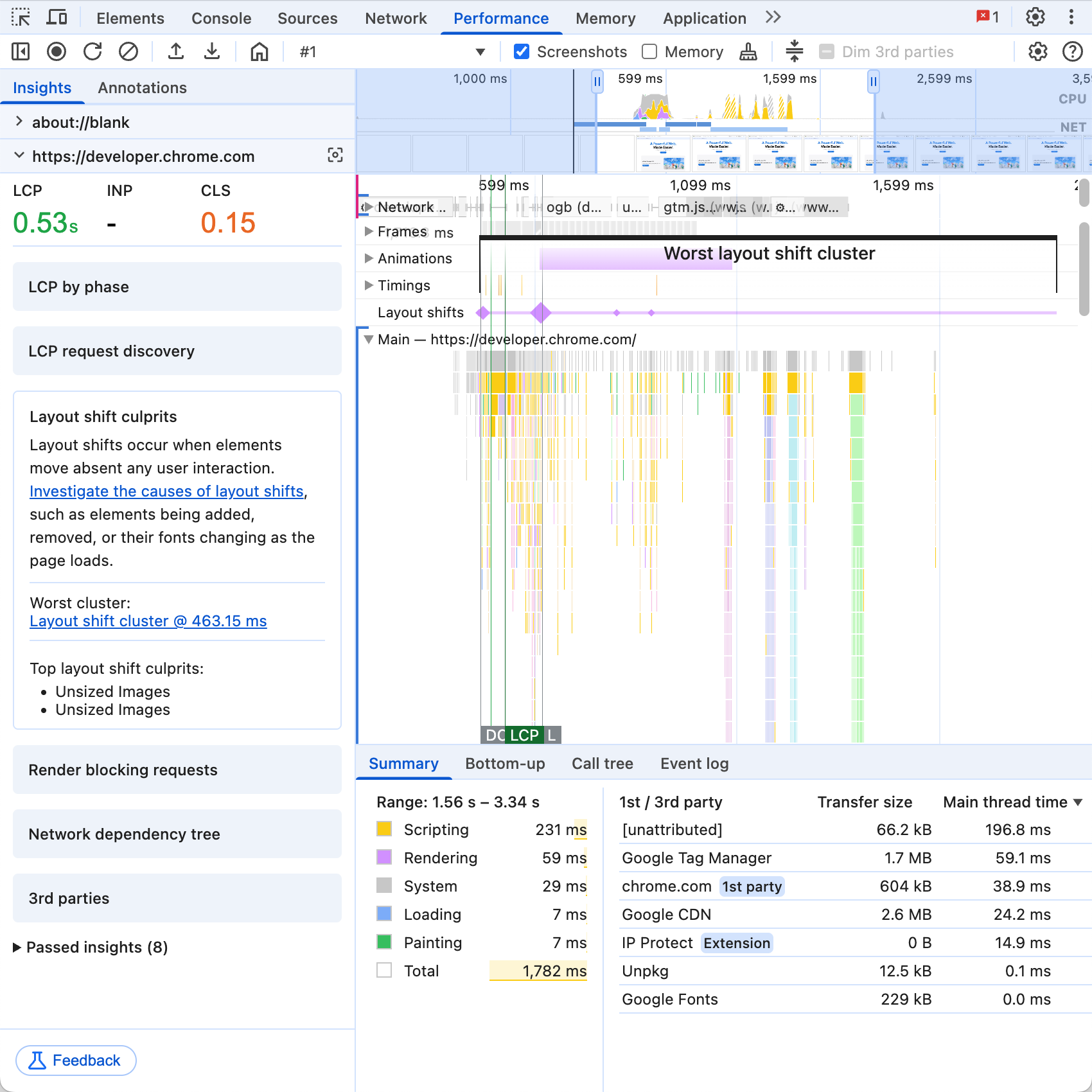Panneau "Performances" de la console d'outils de développement avec la barre latérale "Insights" (Informations) sur la gauche, affichant une liste d'insights pour la trace