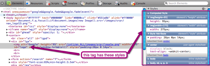 CSS styling in the inspector.