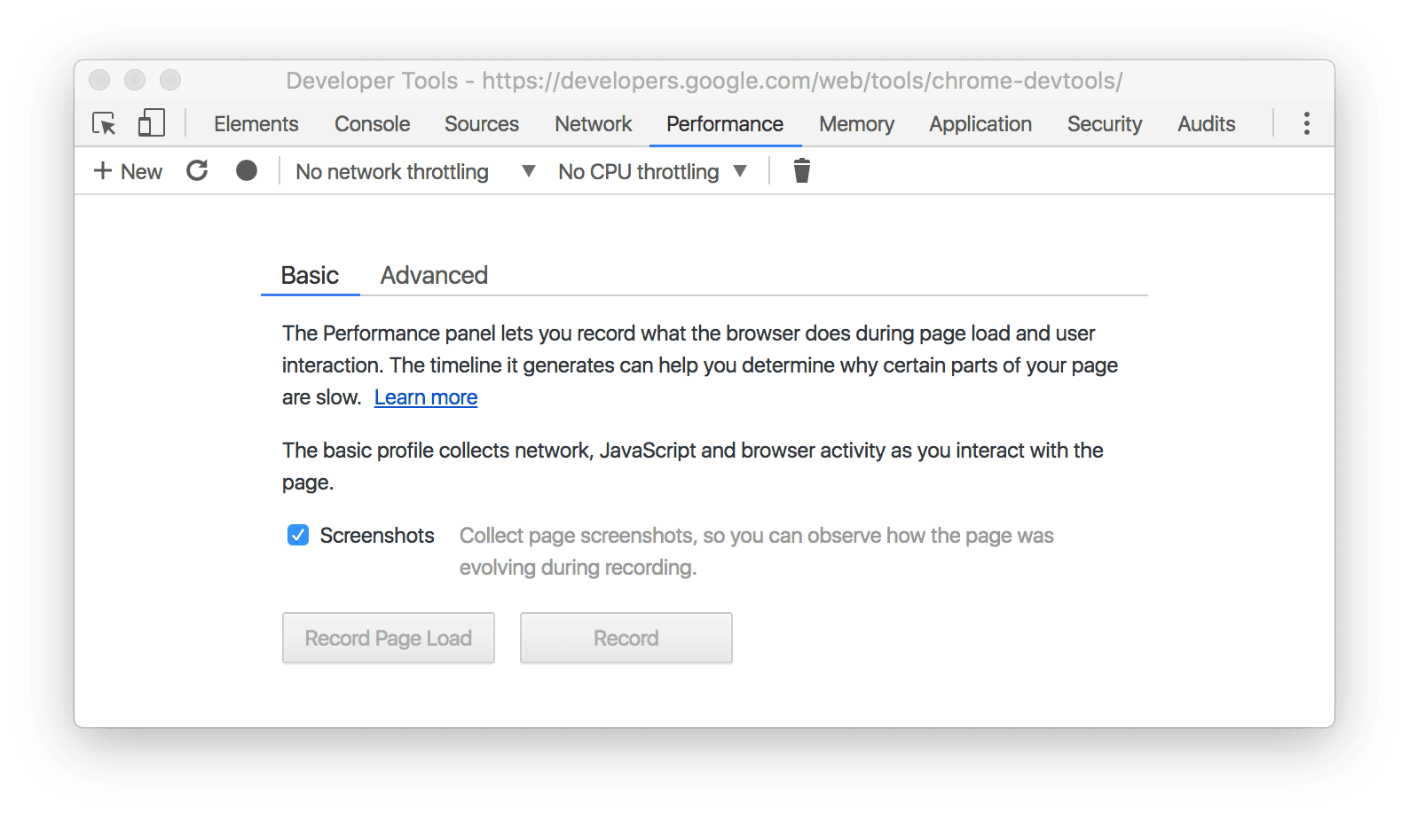 O painel de desempenho do Chrome DevTools.