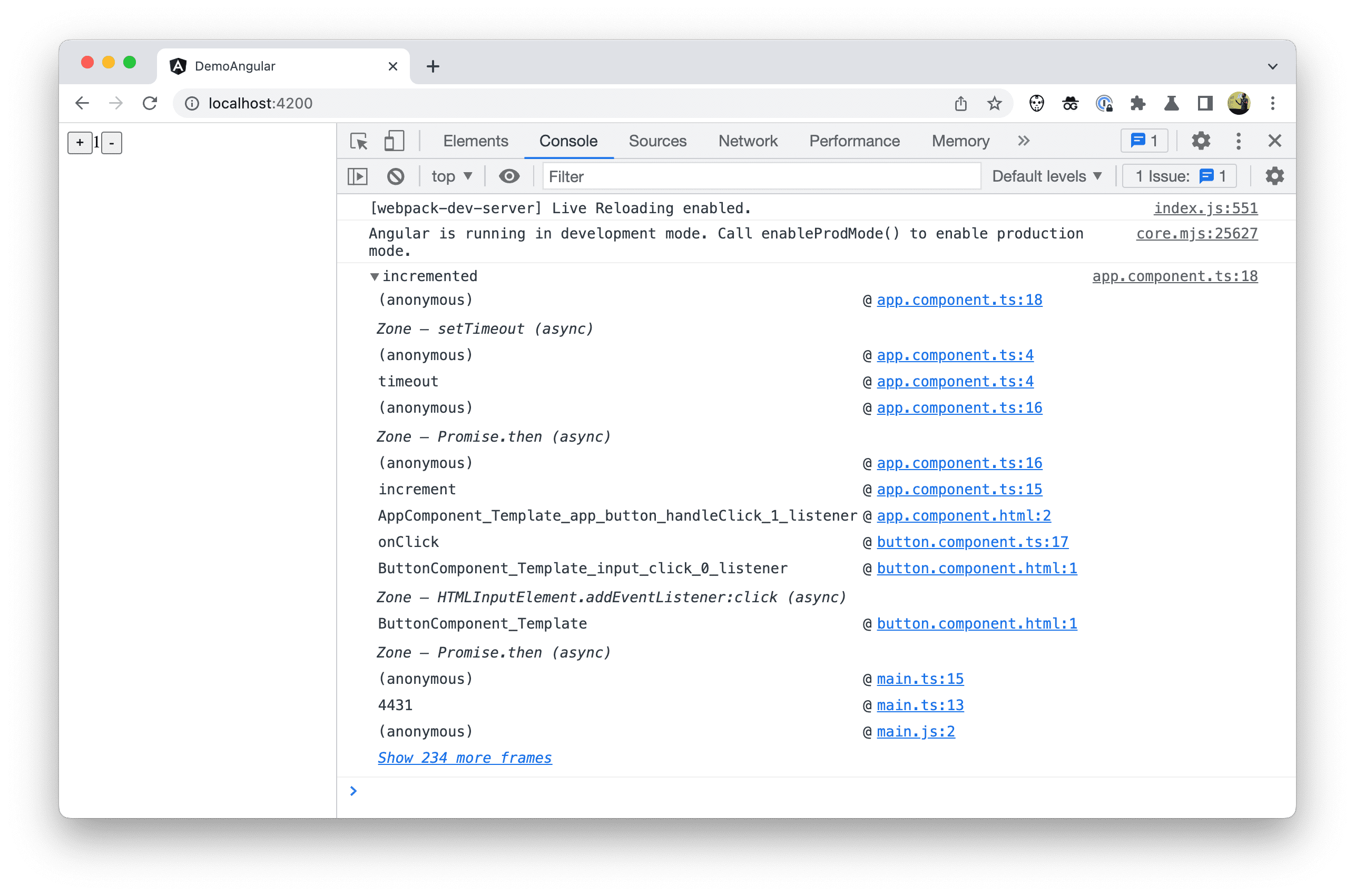 Capture d&#39;écran d&#39;une trace de la pile dans les outils de développement.