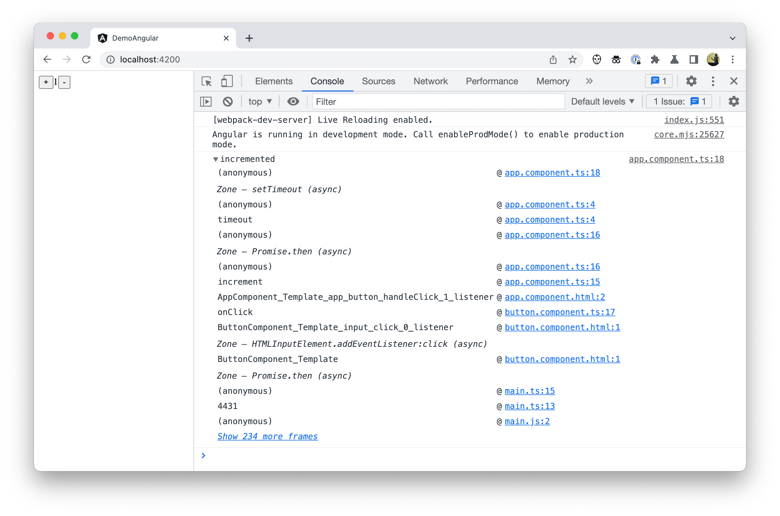 Screenshot stack trace di DevTools.