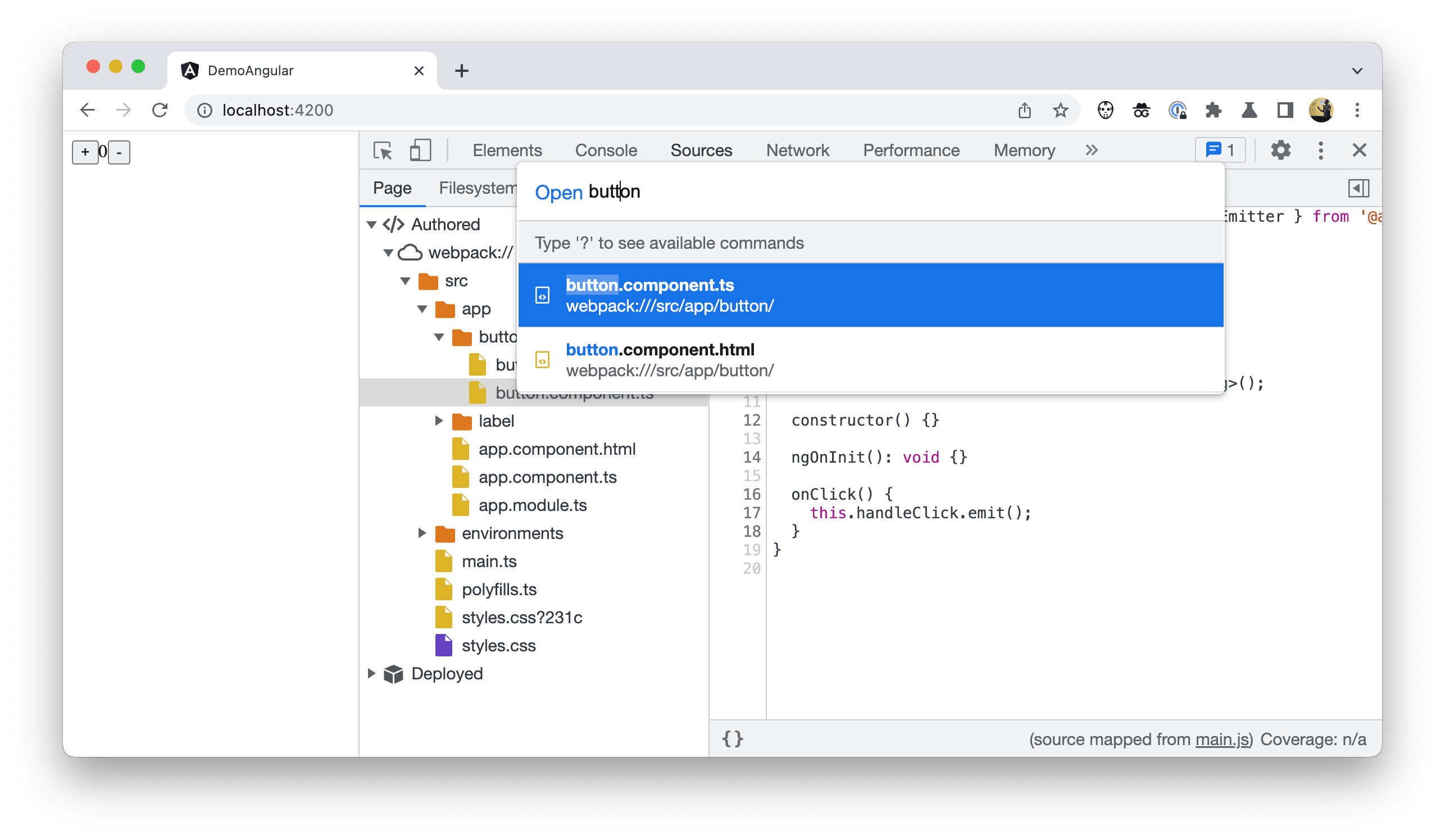 &#39;빠른 열기&#39; 메뉴가 있는 DevTools 스크린샷