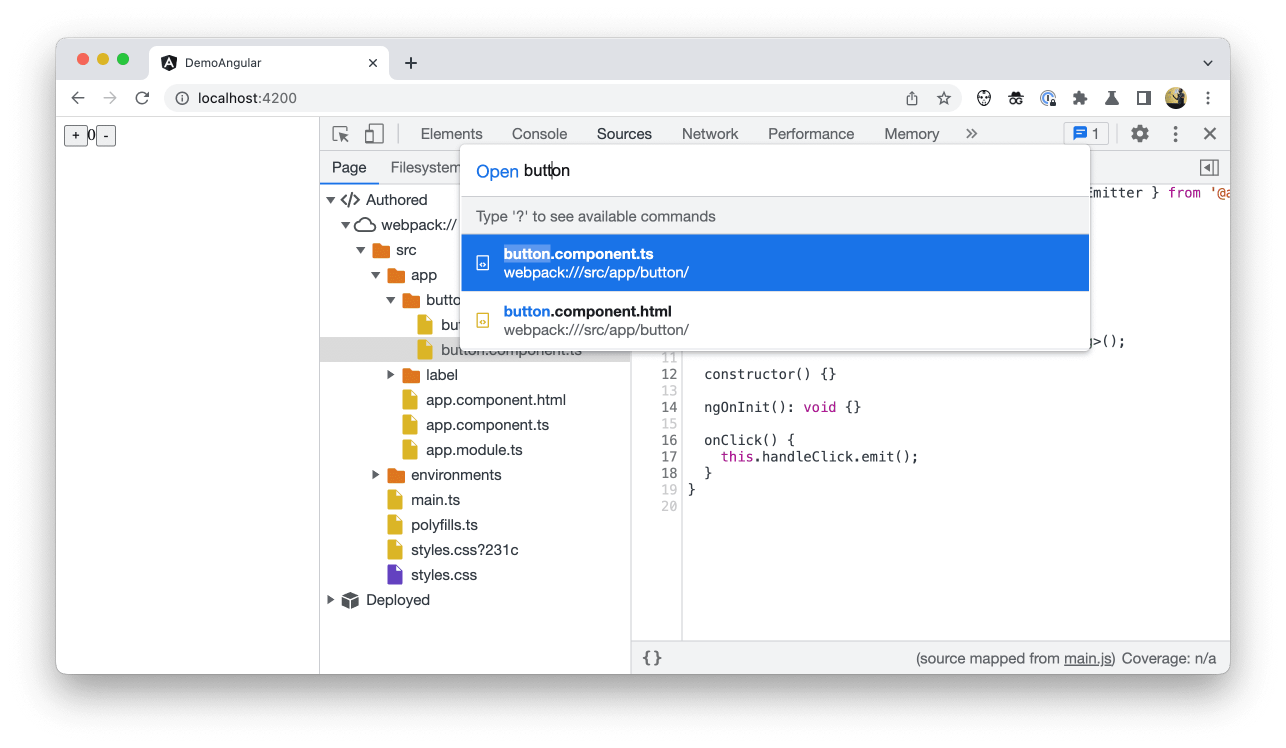'빠른 열기' 메뉴가 있는 DevTools의 스크린샷