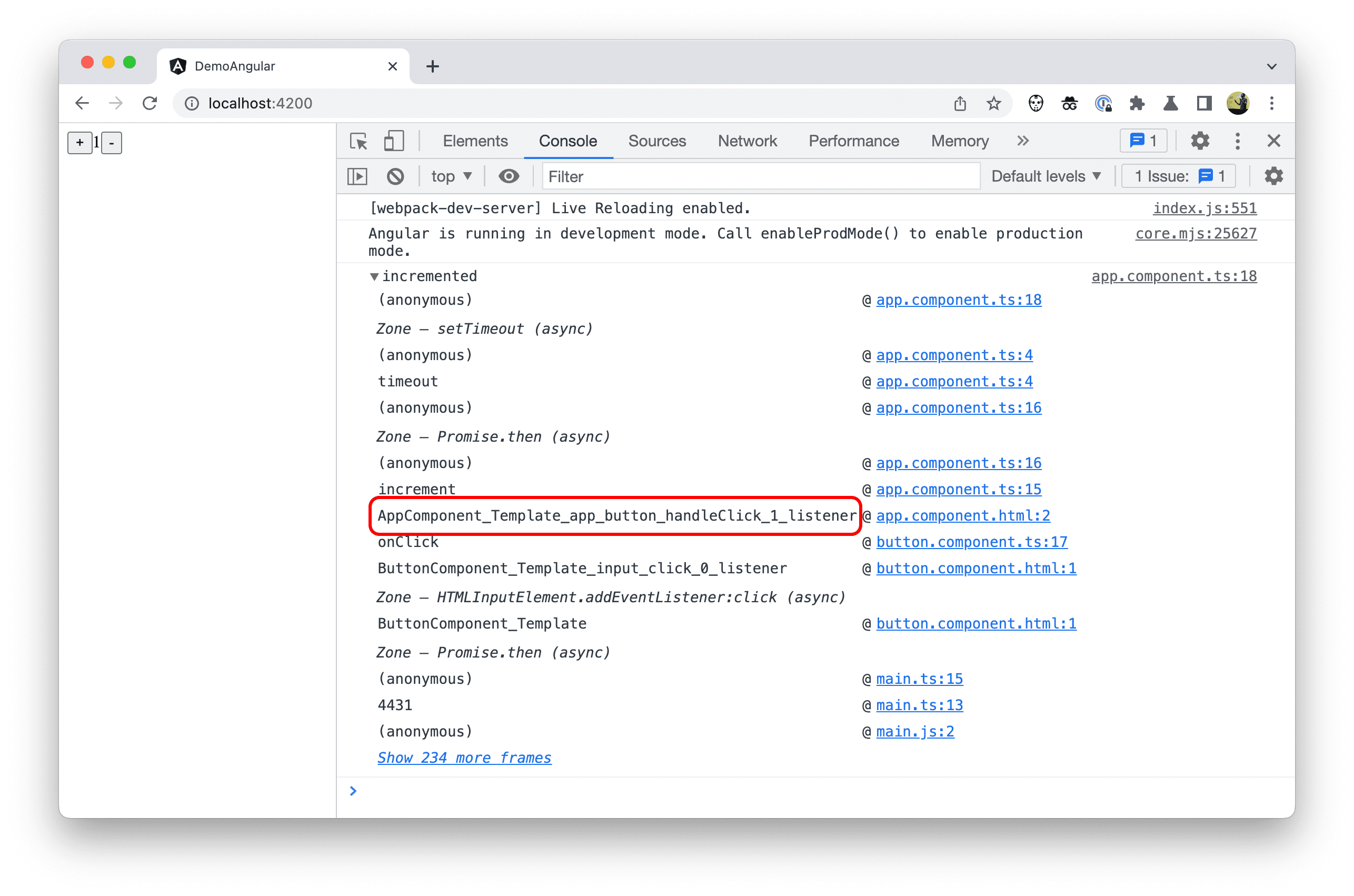 Capture d&#39;écran de la trace de la pile avec un nom de fonction généré automatiquement.