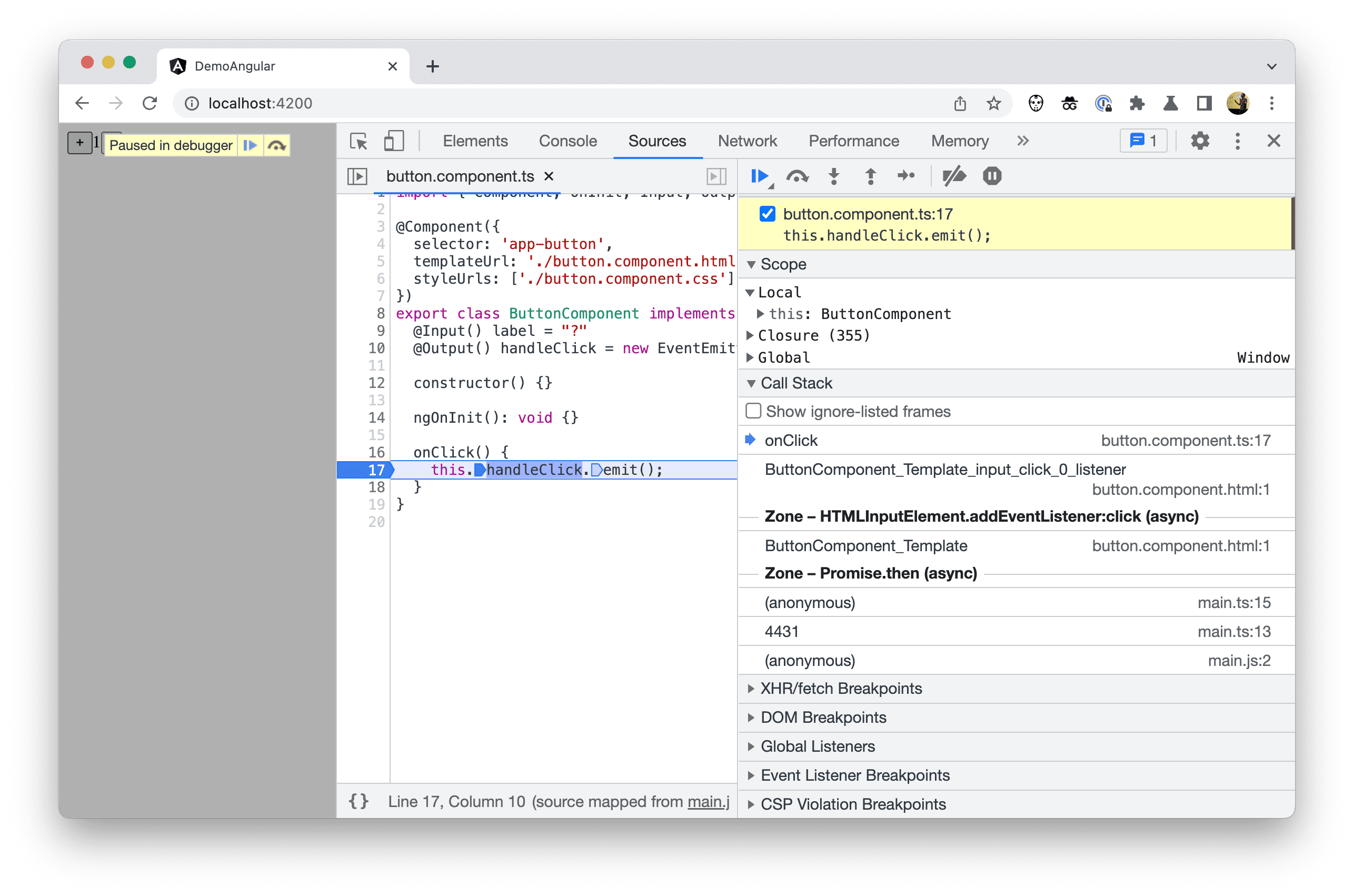 Schermafbeelding van de DevTools Sources Debugger tijdens het opsporen van fouten.