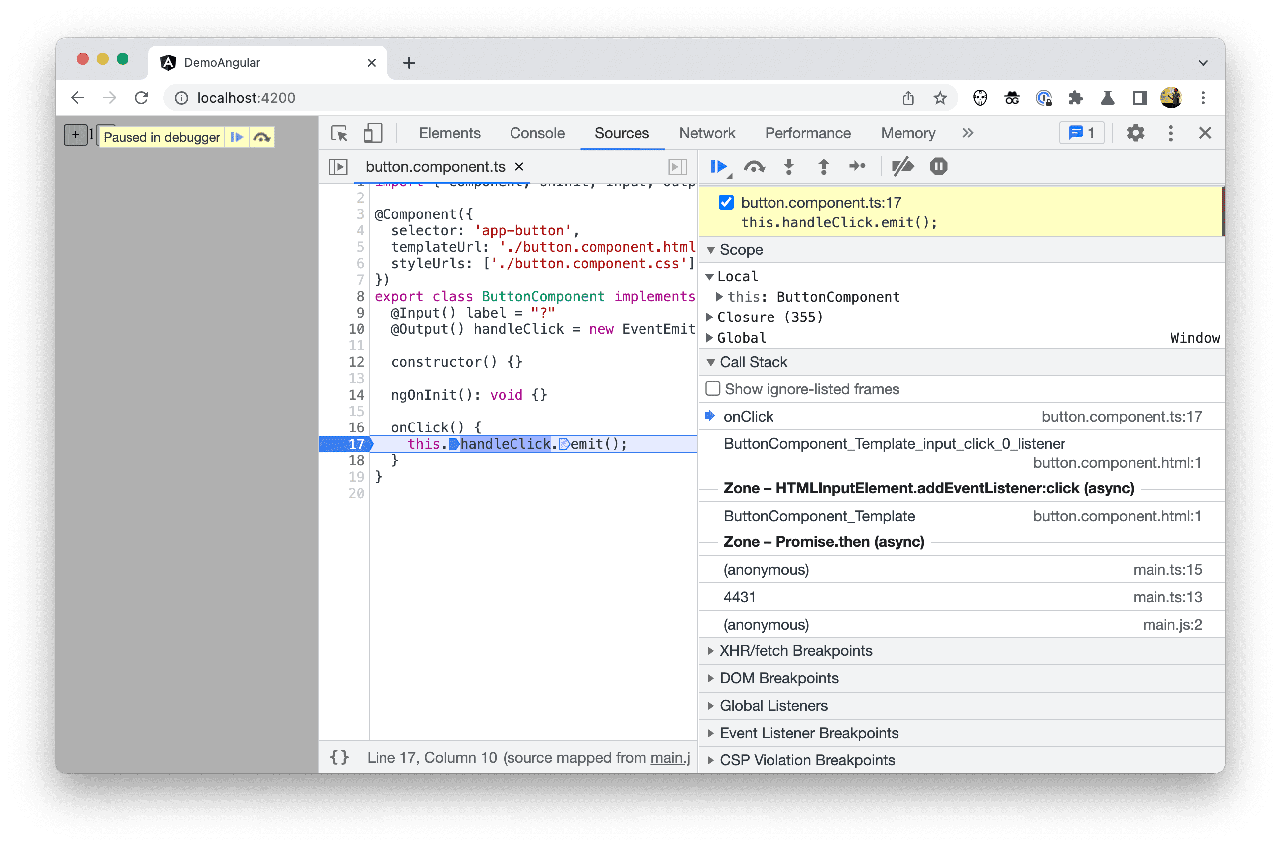 Hata ayıklama sırasında DevTools Kaynak Hata Ayıklama Aracı'nın ekran görüntüsü.