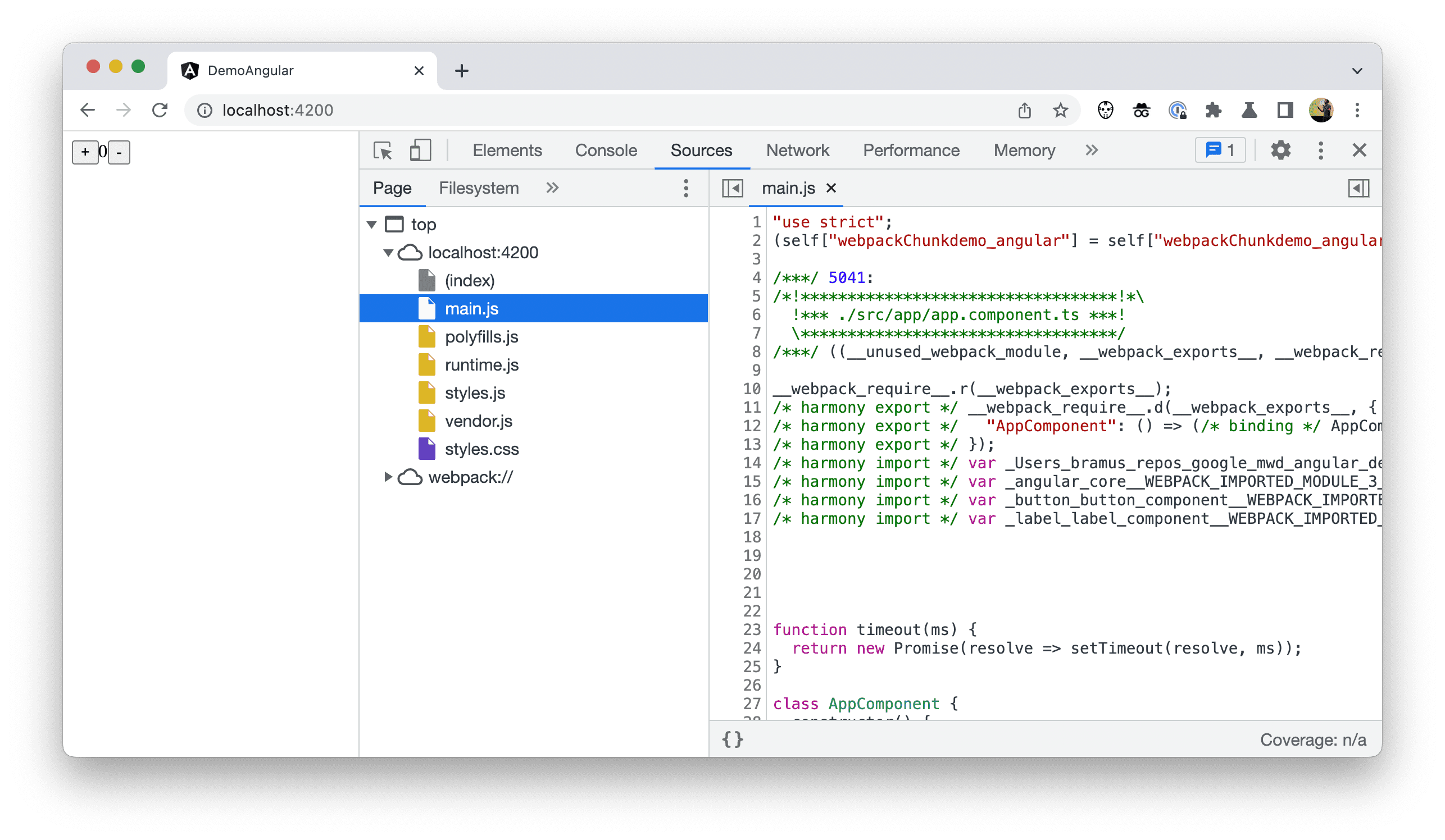 Chrome Geliştirici Araçları'ndaki dosya ağacını gösteren ekran görüntüsü. Dağıtılan kodu gösterir.