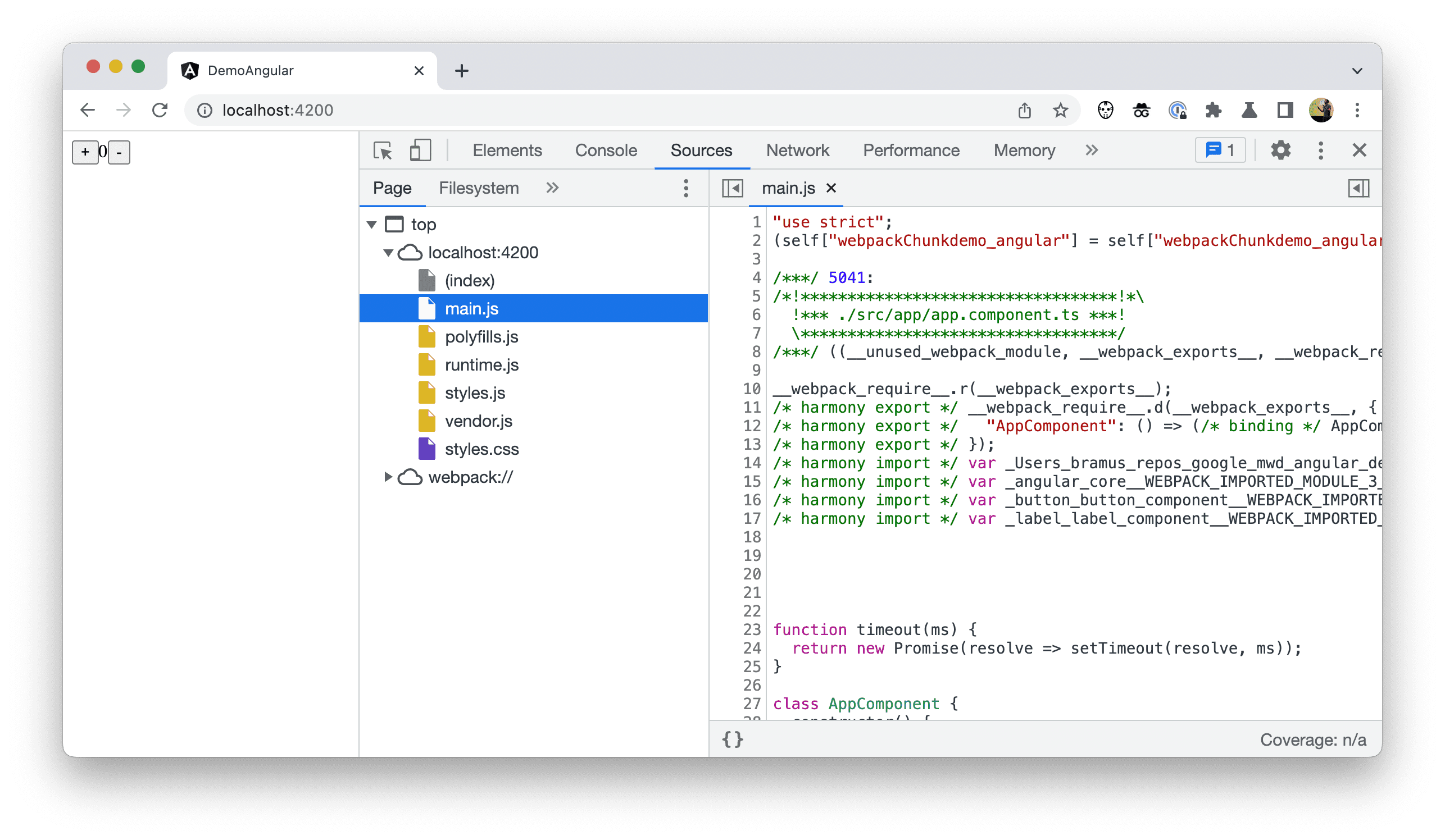 Captura de tela da árvore de arquivos no Chrome DevTools mostrando o código implantado.