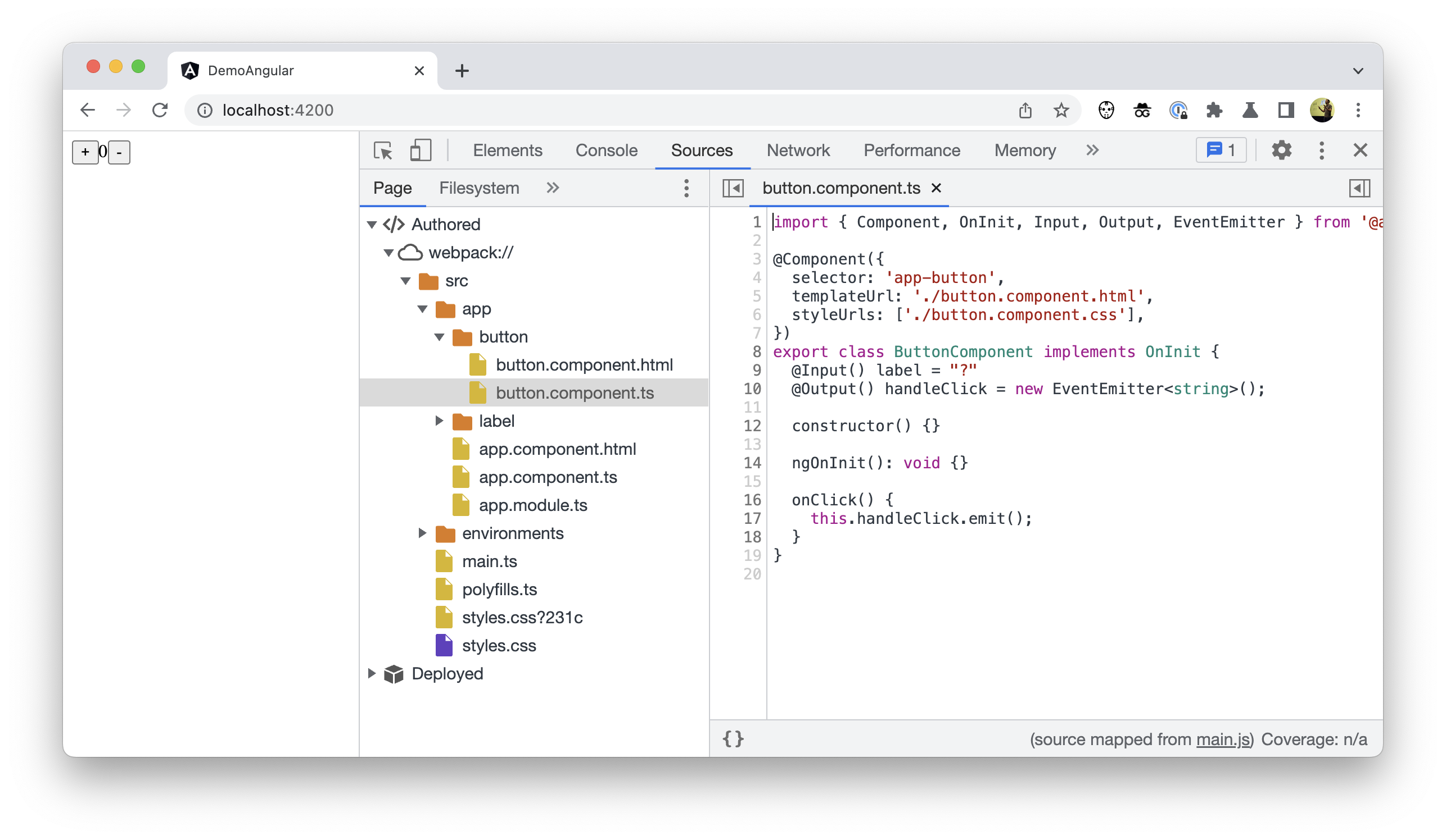 Chrome DevTools में फ़ाइल ट्री का स्क्रीनशॉट, जिसमें लिखा गया कोड दिख रहा है, लेकिन node_modules नहीं दिख रहा है.