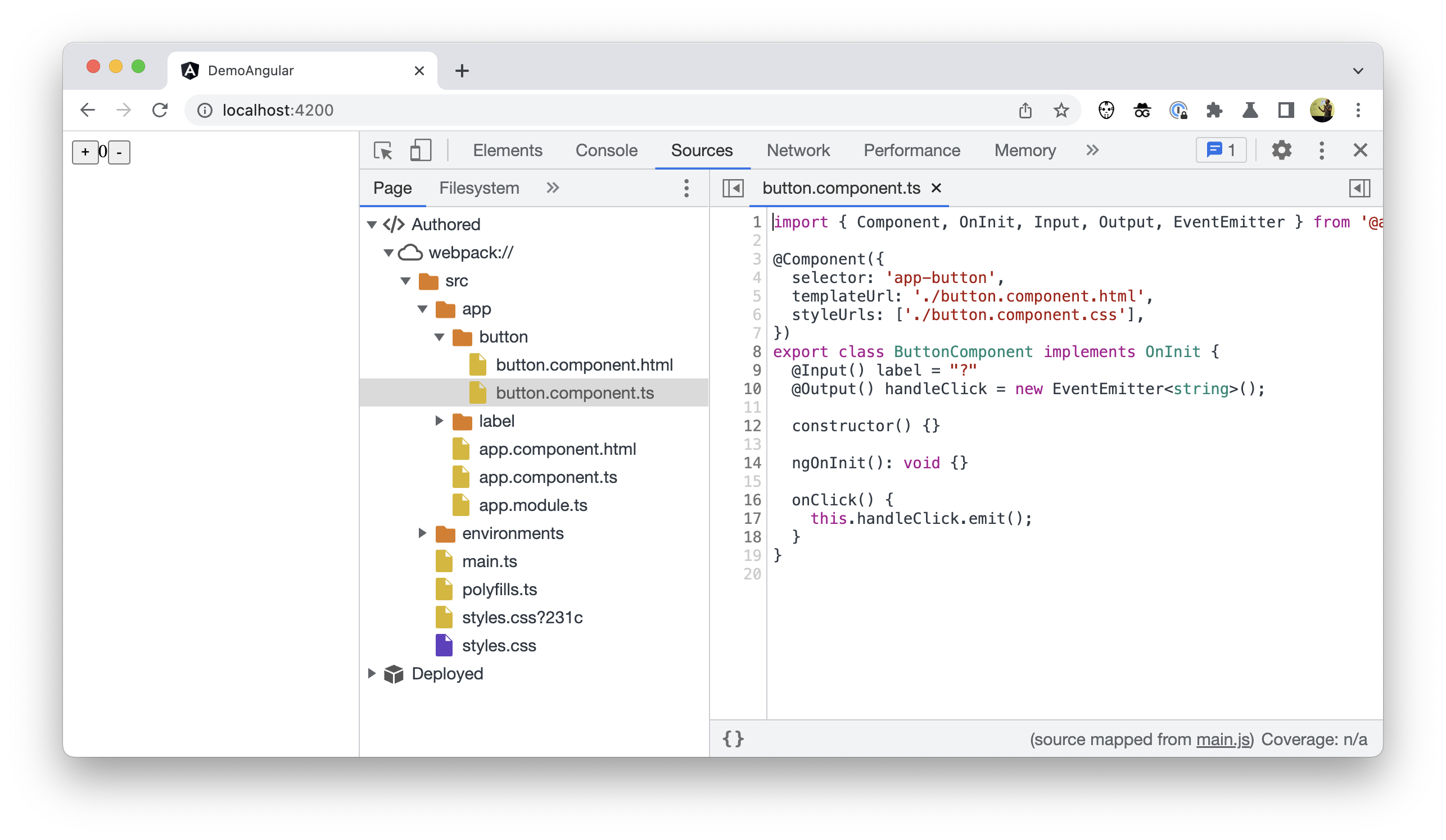 Captura de tela da árvore de arquivos no Chrome DevTools mostrando o código criado, mas sem node_modules.