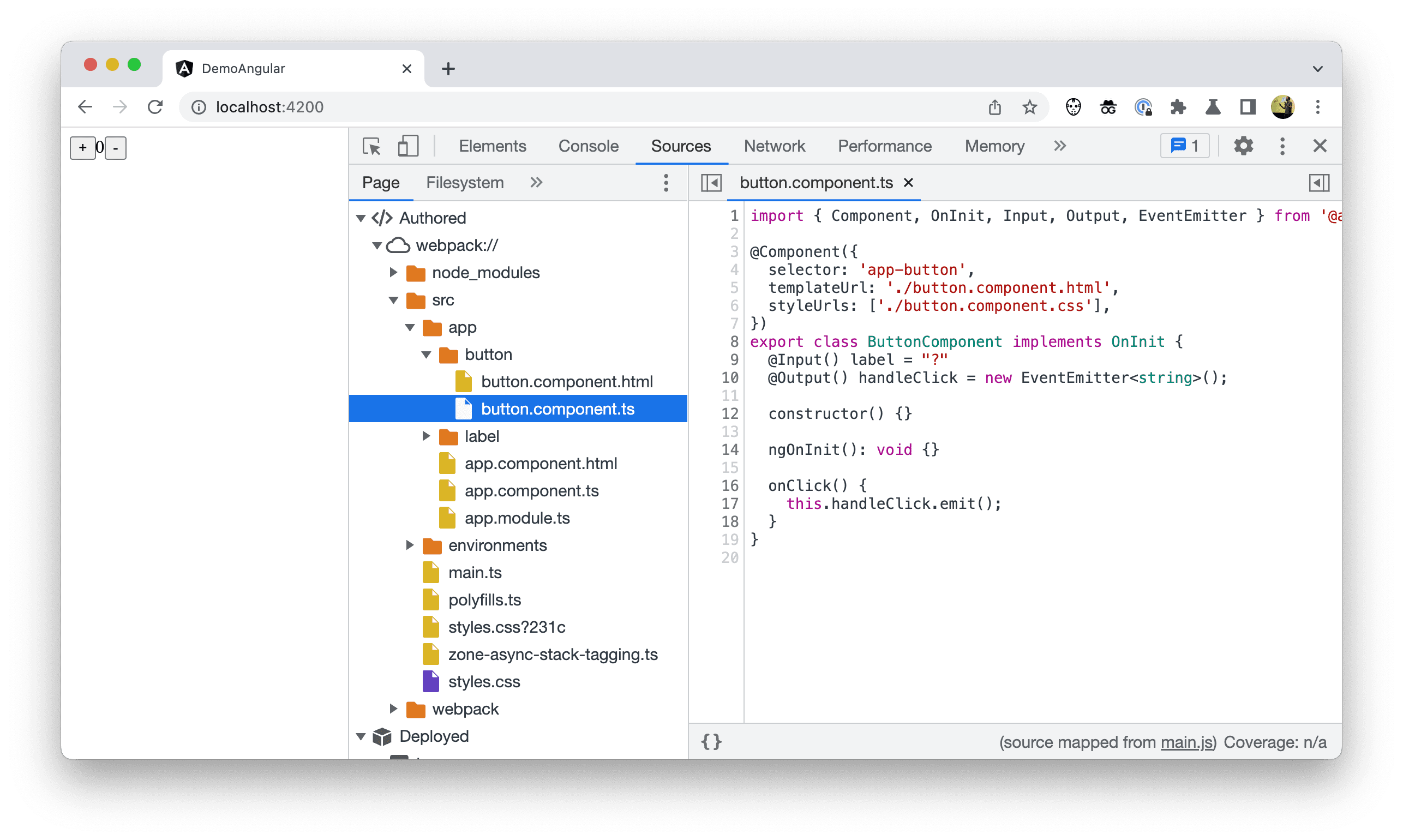 Capture d'écran de l'arborescence des fichiers dans Chrome DevTools montrant le code créé par l'auteur.