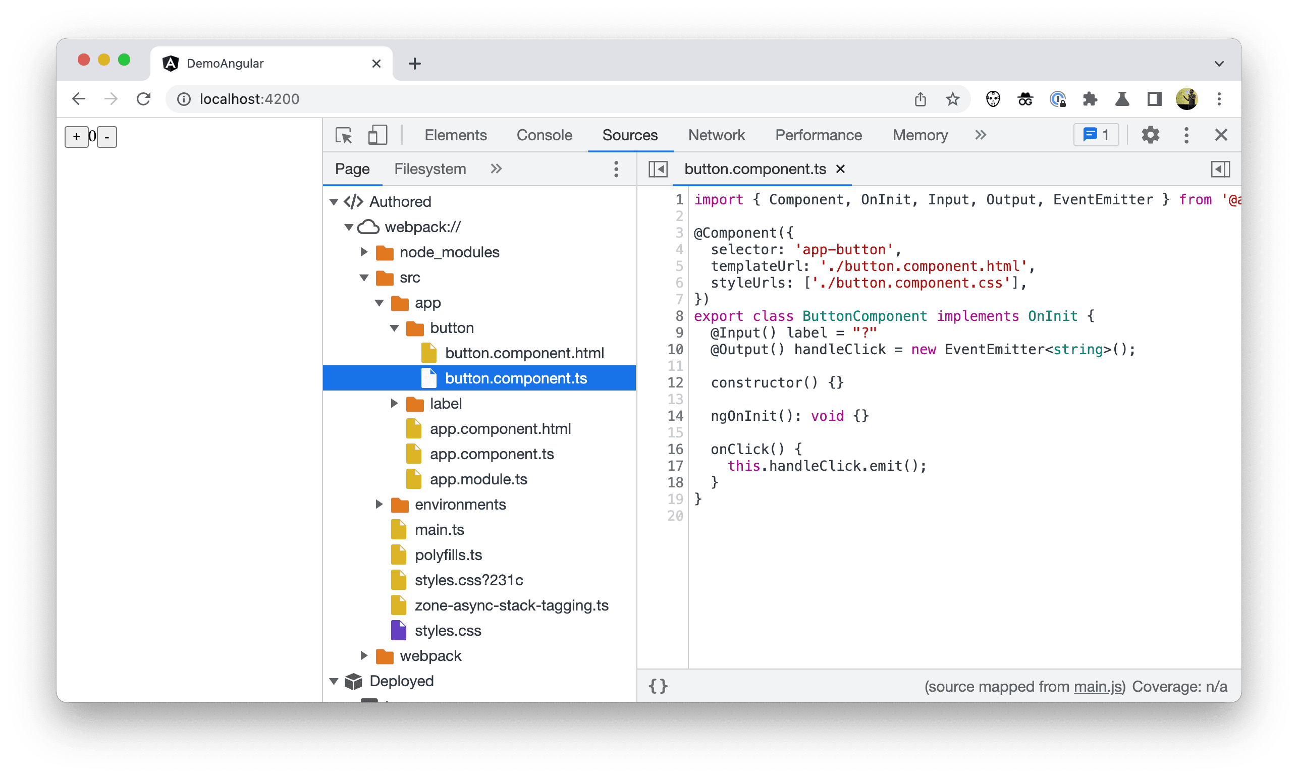 تصویری از درخت فایل در Chrome DevTools که کد نوشته شده را نشان می دهد.