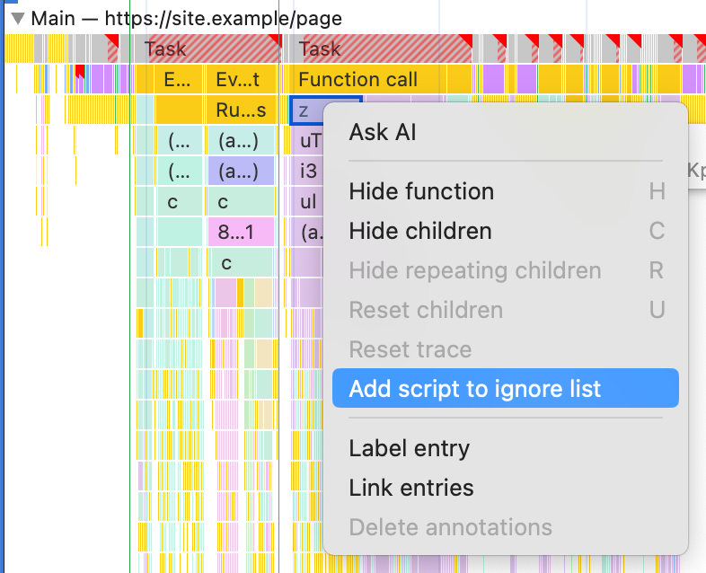 Контекстное меню записи на панели «Производительность» с выделенной опцией «Добавить скрипт в список игнорирования».