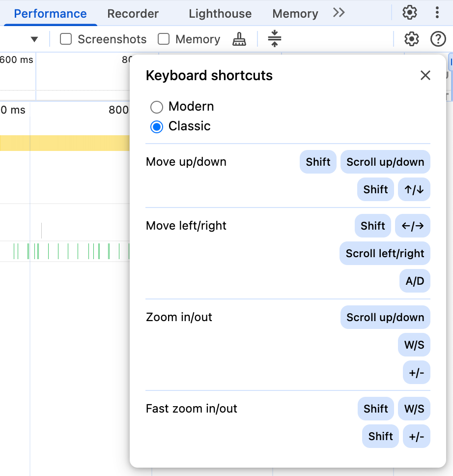 The shortcuts options menu, containing a radio button selection between modern and classic scrolling