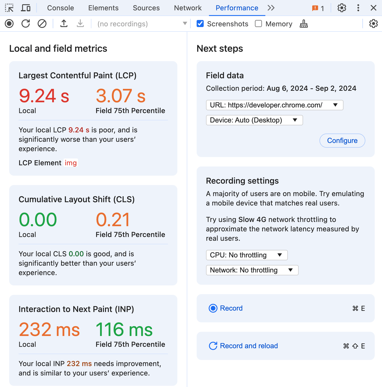 Local and field-based Core Web Vitals metrics side by side