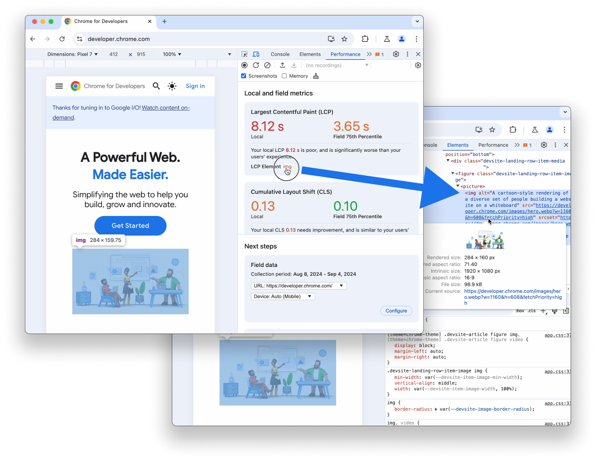 تمييز عنصر LCP وعرضه في لوحة "العناصر"