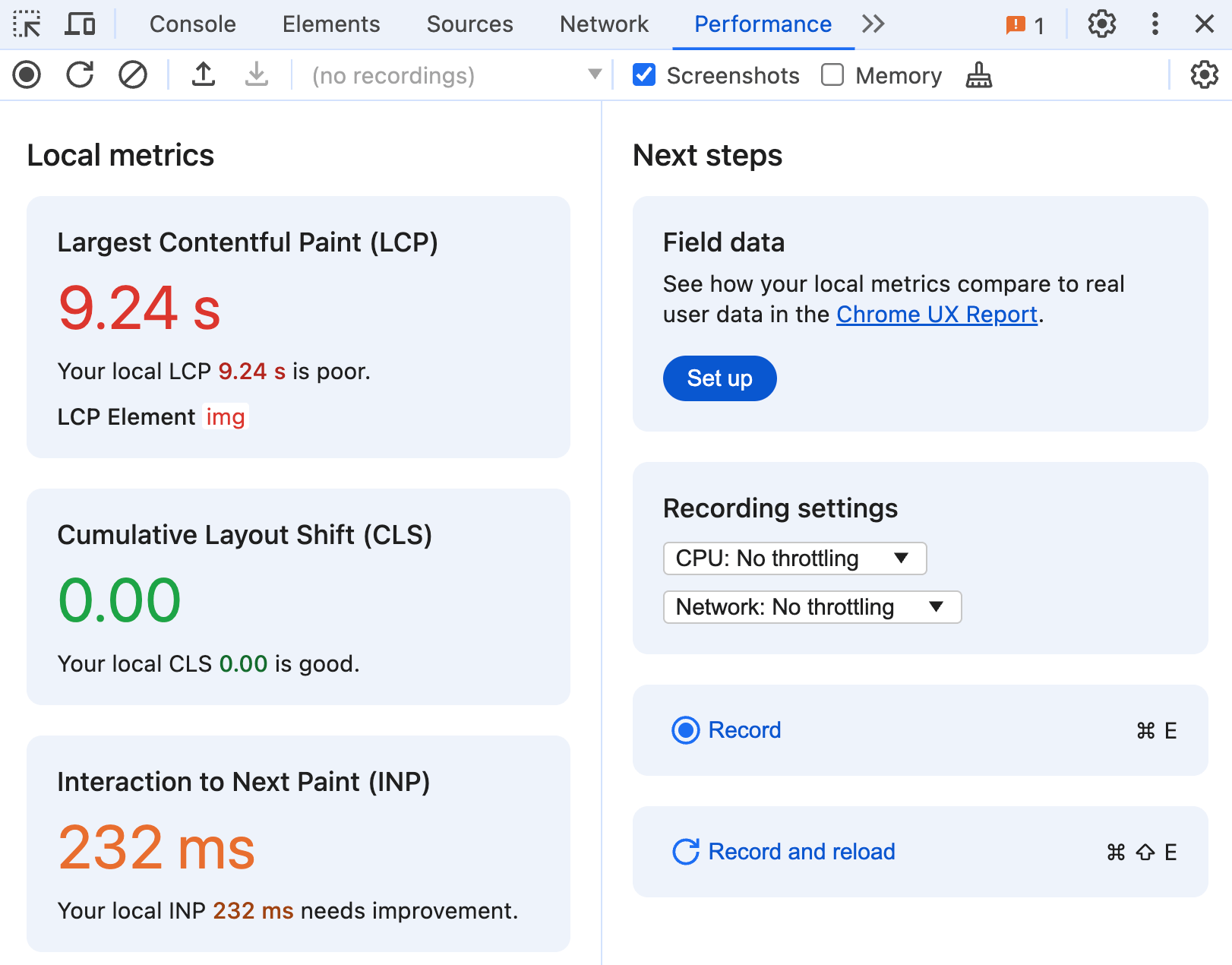 Métricas locais do Core Web Vitals