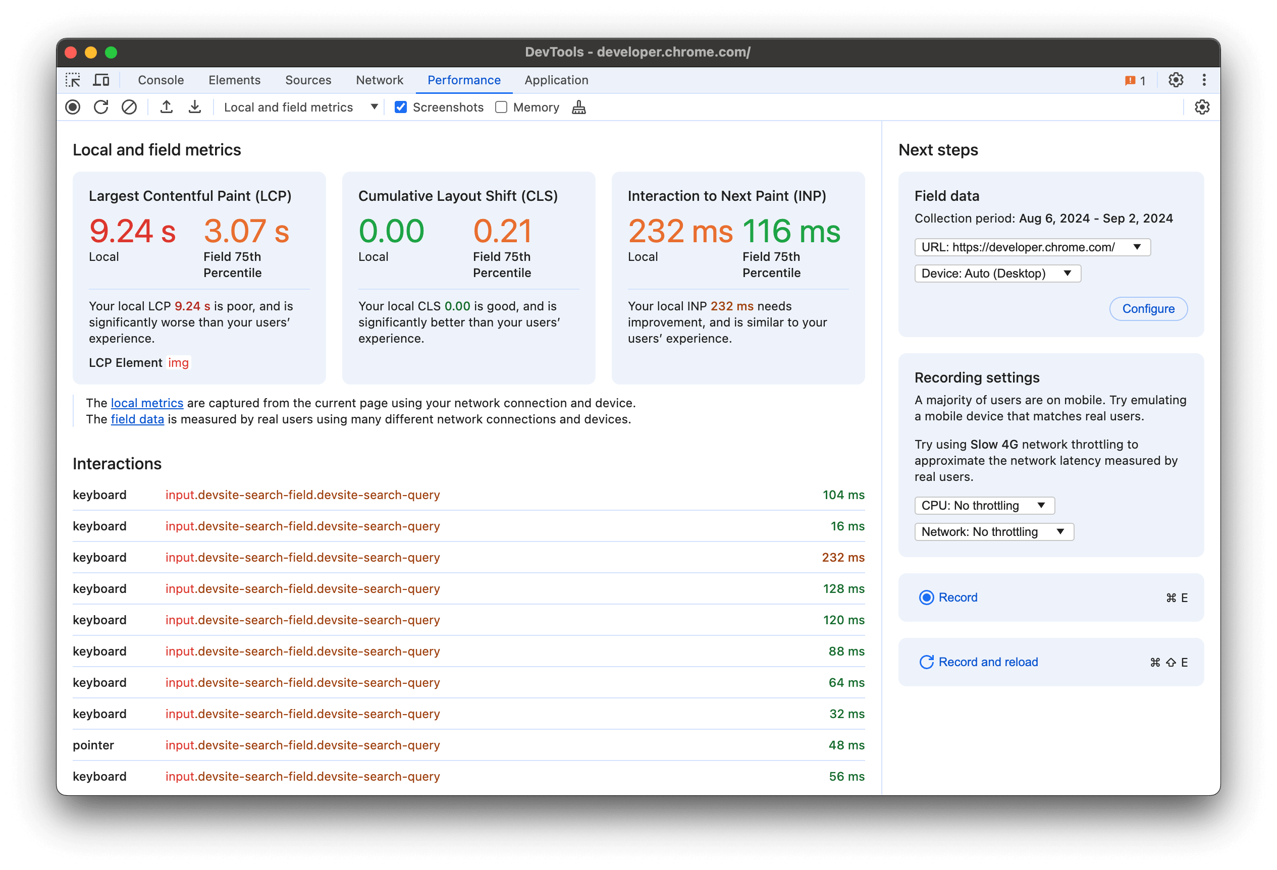 Métriques locales et réelles dans le panneau "Performances" de DevTools
