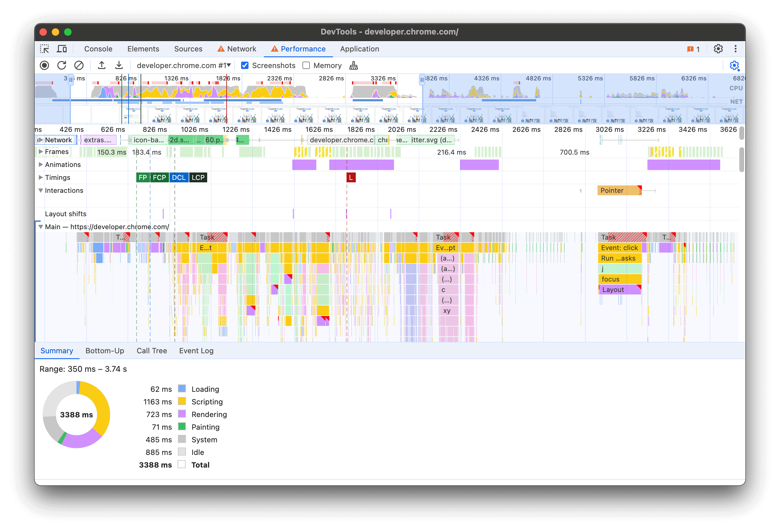 Visualização de rastro no painel de desempenho do DevTools