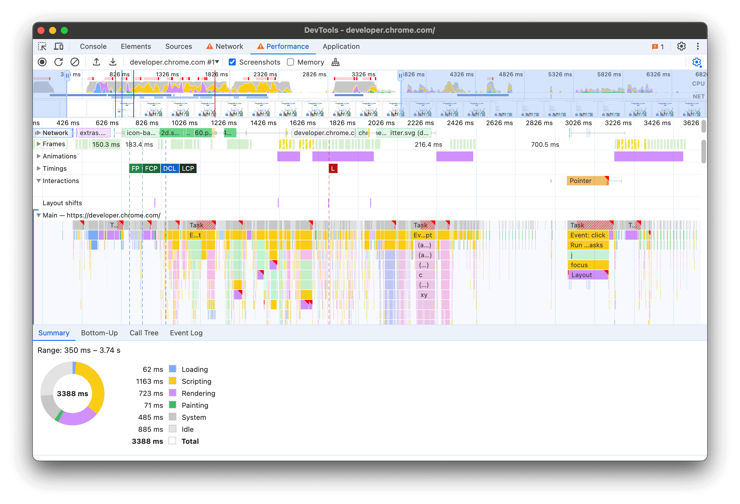 DevTools の [パフォーマンス] パネルのトレースのビュー