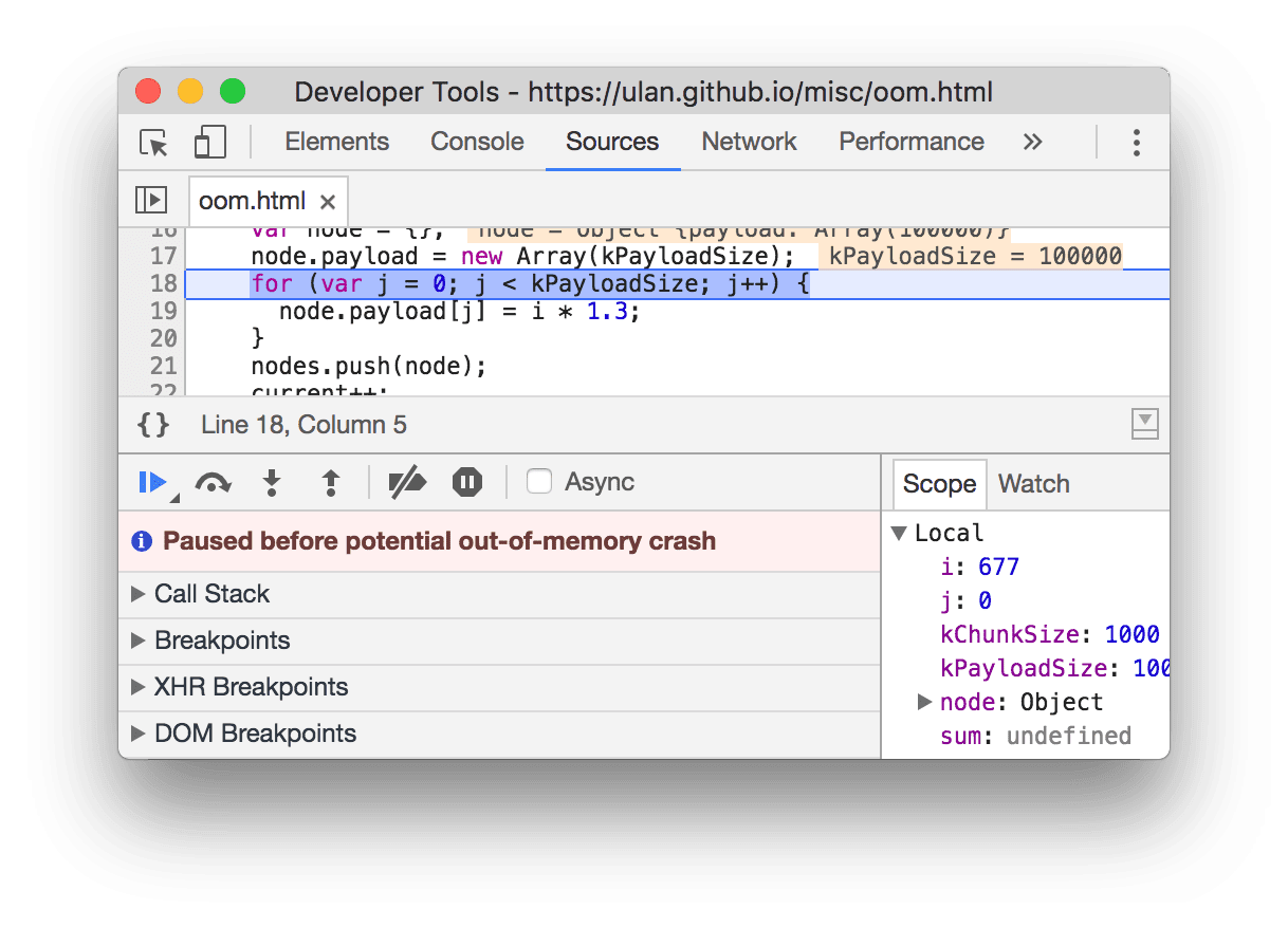 मेमोरी खत्म होने की वजह से ब्रेकपॉइंट पर रोका गया