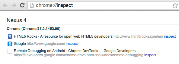 about:inspect page showing links for device tabs