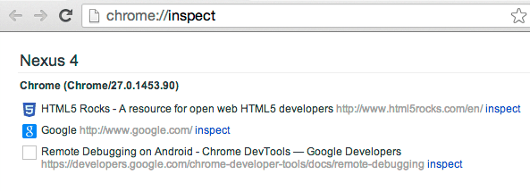 about:Inspect-Seite mit Links für Geräte-Tabs