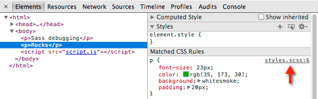 Elements panel showing .scss stylesheet