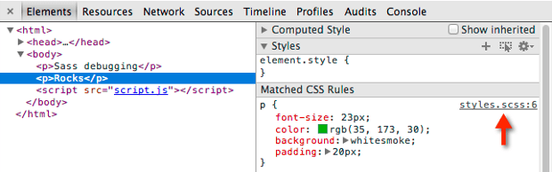 顯示 .scss 樣式表的「Elements」面板