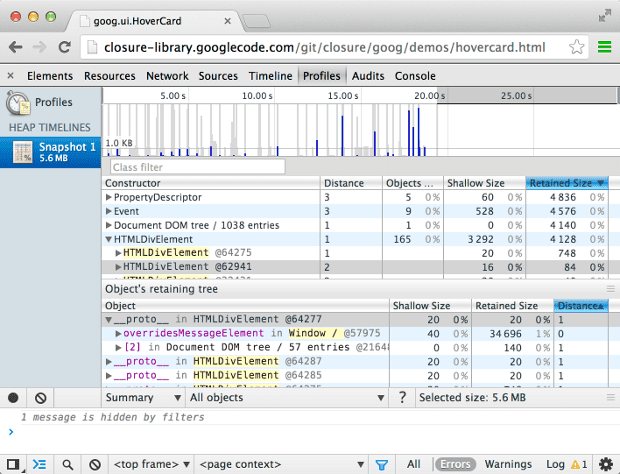 Visualizzazione del profilo di allocazione heap.