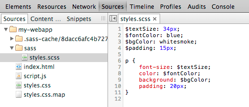 پانل ources فایل .scss را نشان می دهد.