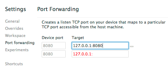 Port forwarding tab in DevTools Settings
