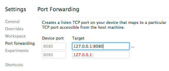 Pestaña de redirección de puertos en la configuración de Herramientas para desarrolladores