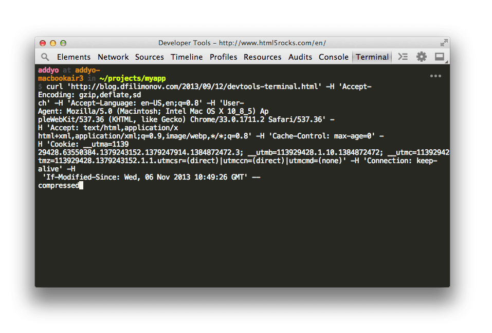 Utilisation de cURL dans le terminal des outils de développement