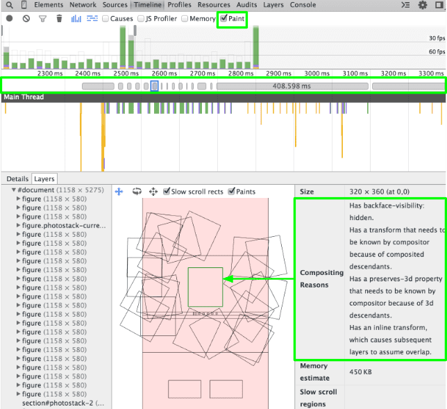 Inspecting a layer from Codrops' Scattered Polaroids Gallery to reveal the browser’s reasons for compositing.