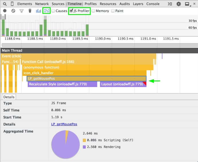 JS Profiler-Erfassungsoption und Flame-Diagramm-Ansicht verwenden, um Aufrufstacks in der Zeitachse zu untersuchen